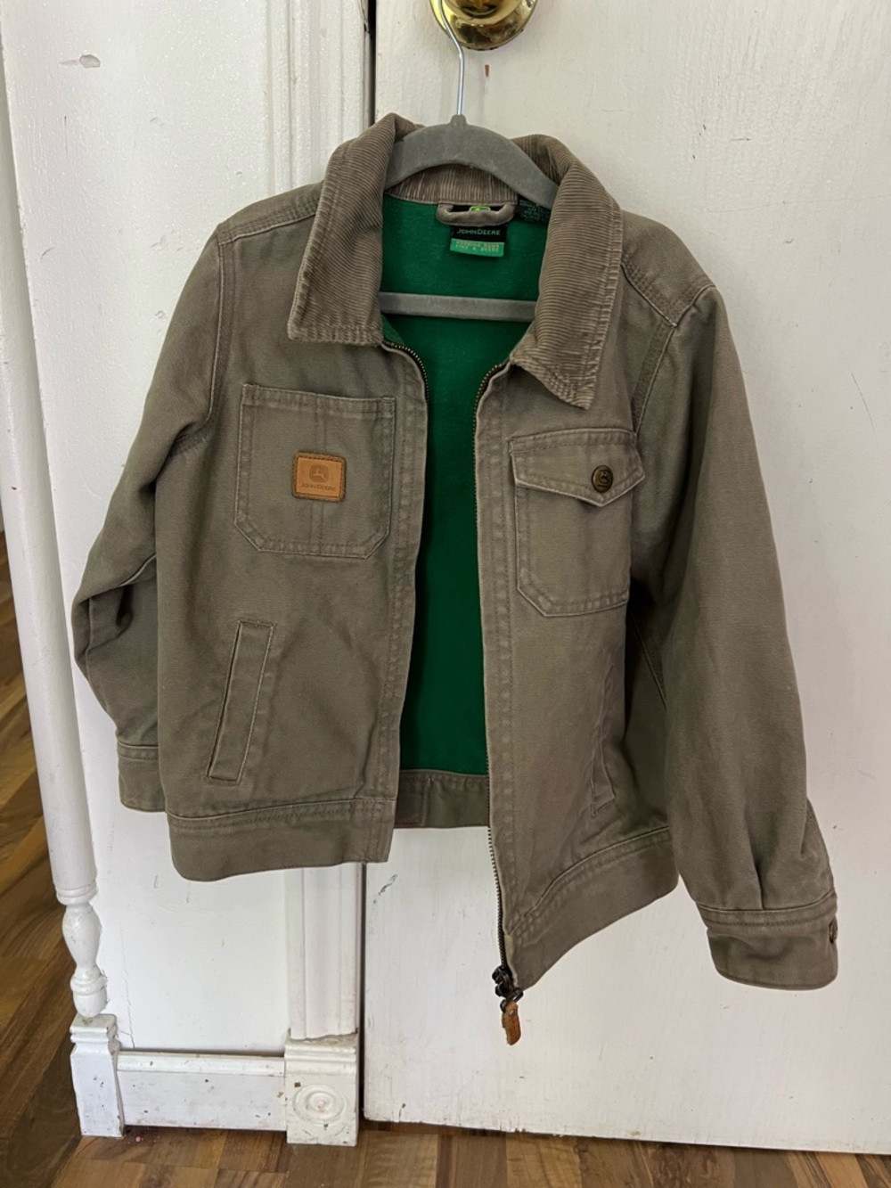 Vintage John Deere Brown Canvas Jacket, Green Lining, Corduroy Collar, Medium
